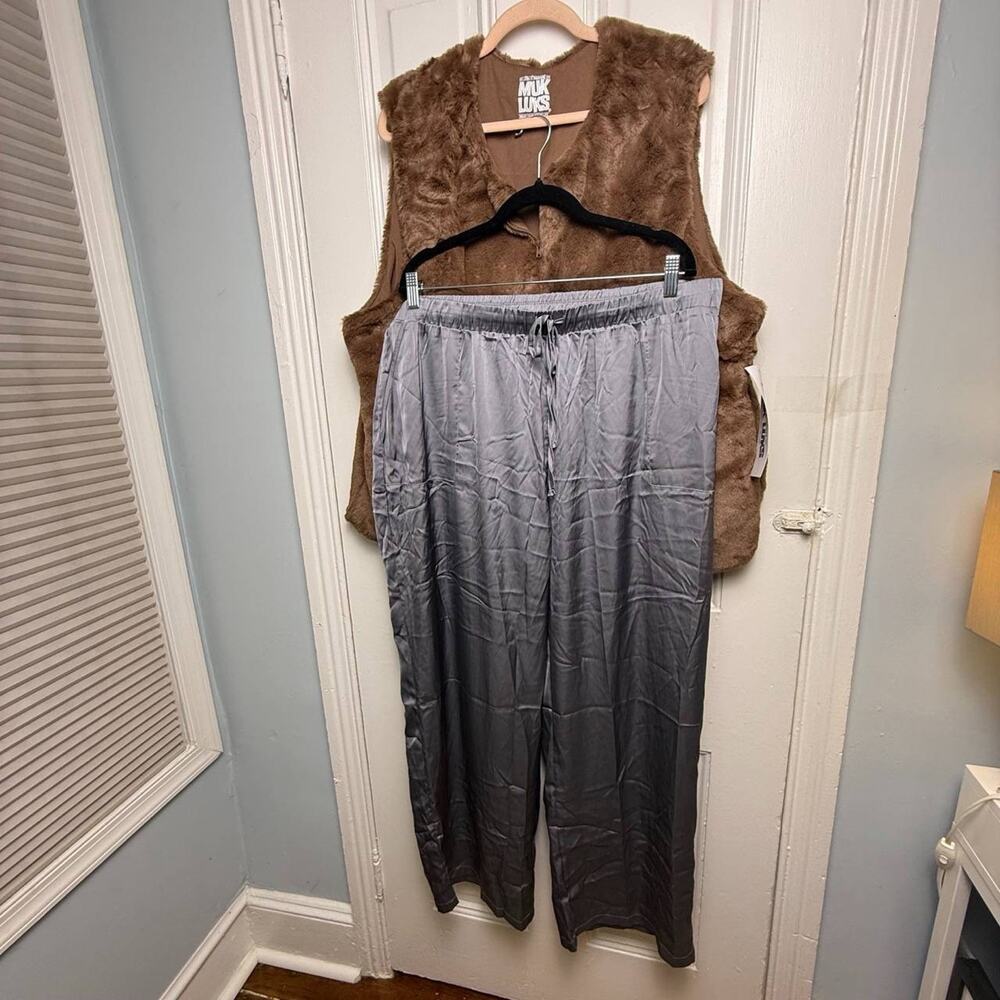 Muk Luks Womens 2X Faux Fur Vest Satin Pants Lounge Set Two Piece Brown Grey